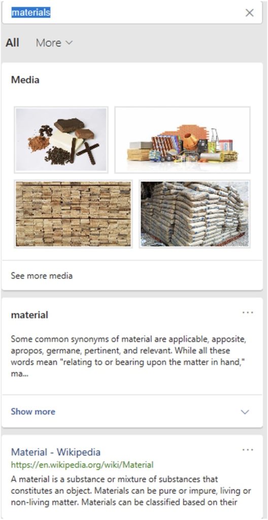 Screenshot of wikipedia glossary with a definition and images for the word 'materials'