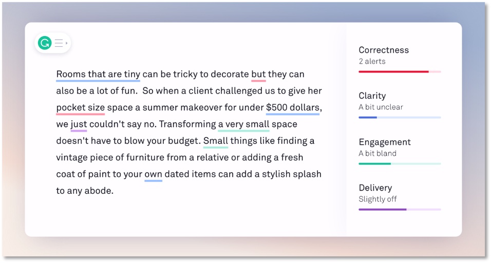 Screen shot of a grammarly window, highlighting text and making suggestions about the writing style