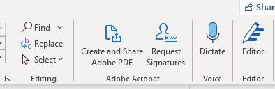 Section of Ribbon on word displaying "dictate" icon