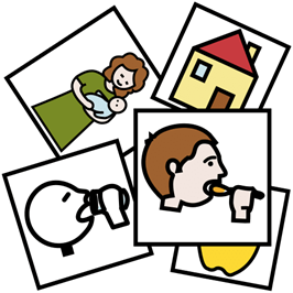 A selection of pictograms including a cartoon man brushing his teeth and a cartoon woman holding her baby.