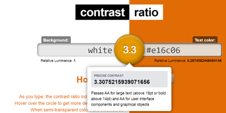 Screenshot of the Contrast Ratio website showing a review of an orange colour which is suitable only for large texton a white background (The left half of the page is white with orange text, the right half is orange. A large orange circle shows the score 3.3 with text beneath explaining the score).