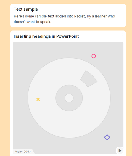 Screenshot from a Padlet wall, showing a Text Sample post above an audio post.