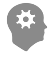 Grey outline of a head. A white cog is represented in the place of a brain